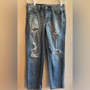 American Eagle Boy Crop Distressed Denim Button‎ Fly Blue Jeans size 4